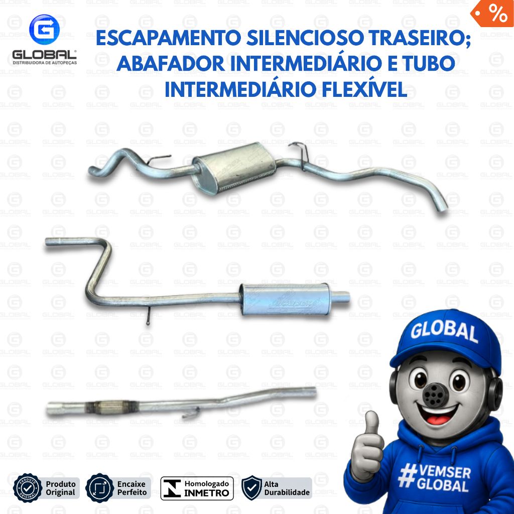 Escapamento Silencioso Traseiro (passageiro); Abafador Intermediário e Tubo Intermediário Flexível -  Siena 1.0/1.4 8V