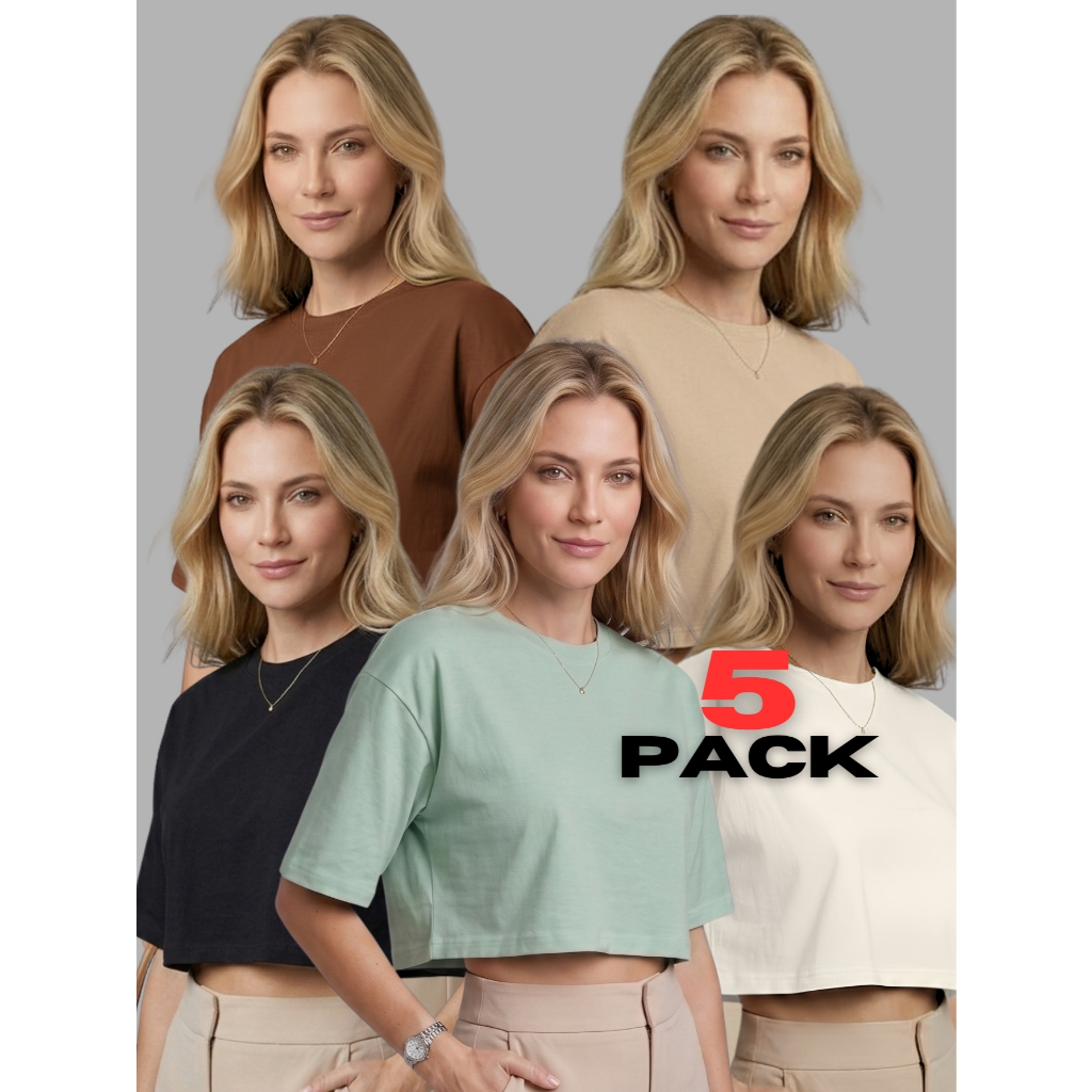Kit 5 Camisetas Cropped Femininas Oversized 100% Algodão T-Shirt Básica Soltinha Manga Curta Confortável Casual