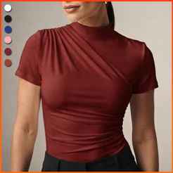 Blusa Feminina Manga Curta Gola Alta Drapeada Suplex Elegante Trabalho Casual Premium
