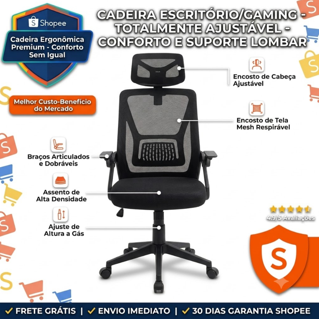 Cadeira Ergonômica Escritório Office Presidente Mesh Reclinável Tilt Lock Encosto Cabeça Ajustável Apoio Lombar