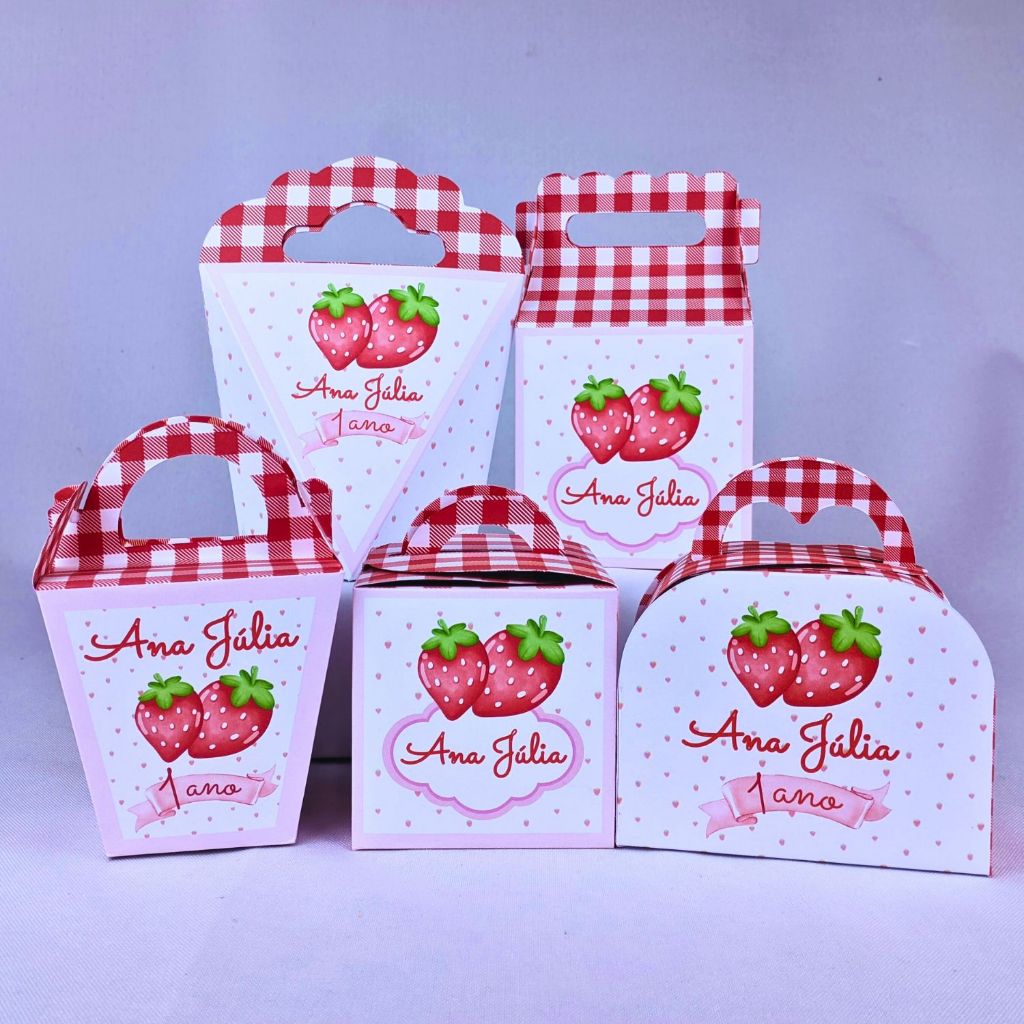Kit 10 a 50 Caixinha Morango Moranguinho Personalizada Com Alça Lembrancinhas Festa Aniversario