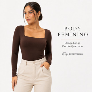 Body Feminino Manga Longa  Quadrado Suplex Elegante Moda Casual Forro No Busto