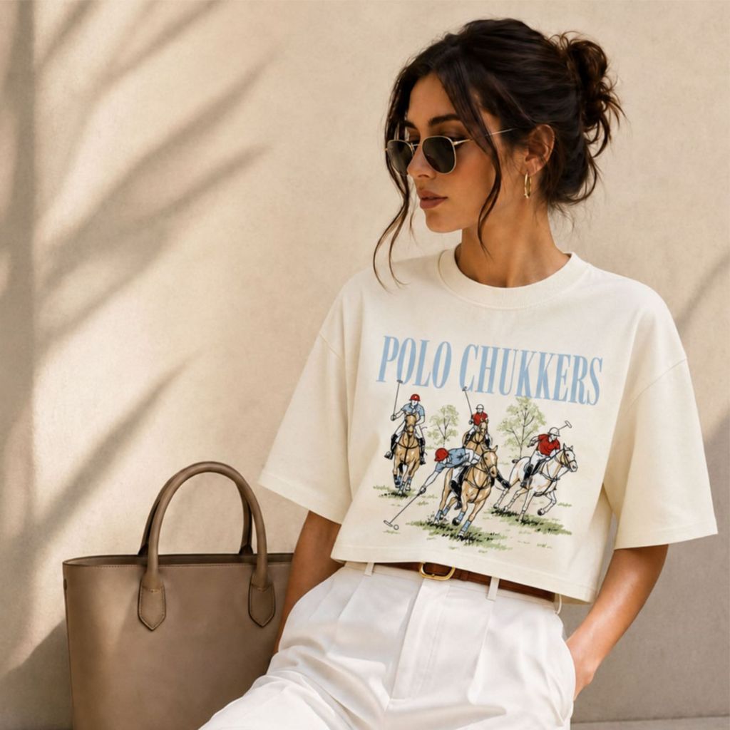 Cropped Blusa Over Sized 100% Algodão Look Feminino Estampado Polo Chukkers Estiloso Tendencia