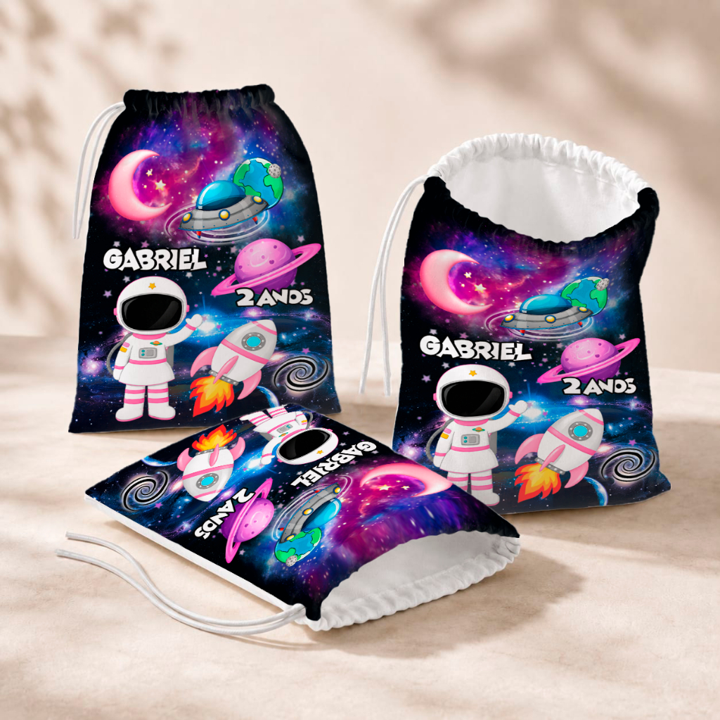 20 Sacolinhas Personalizada Festa Infantil 18x26 Aniversário Lembrancinha Astronauta Rosa