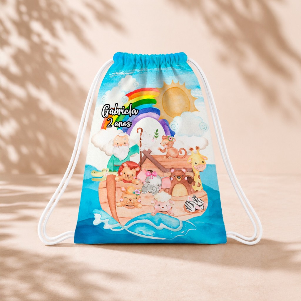 10 Mochila Personalizada 18x26 Sacolinhas Festa Aniversário Lembrancinha Arca de Noe Aquarela