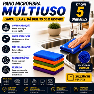 Kit com 5 - Pano Microfibra Flanela - 30 x 30cm - Neves - Multiuso - Limpeza Geral - Multicores