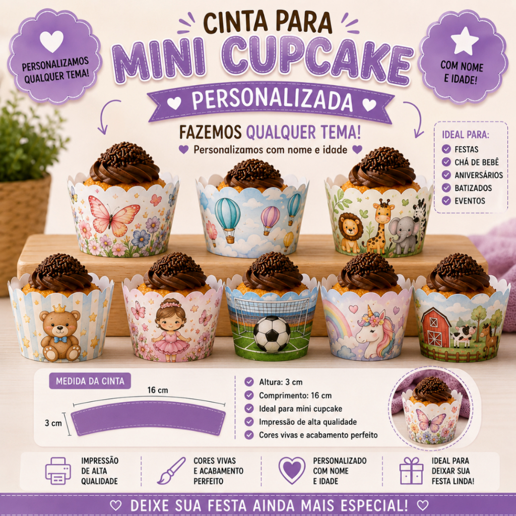 Cinta para MINI Cupcake Personalizado - Wrappers | Decoração de festas| ESCOLHA SEU TEMA | Envio Rápido