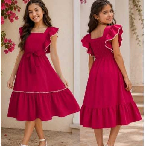 Vestido infantil juvenil com babado, detalhe de renda, lastex em costa, saia com renda laço na cintura