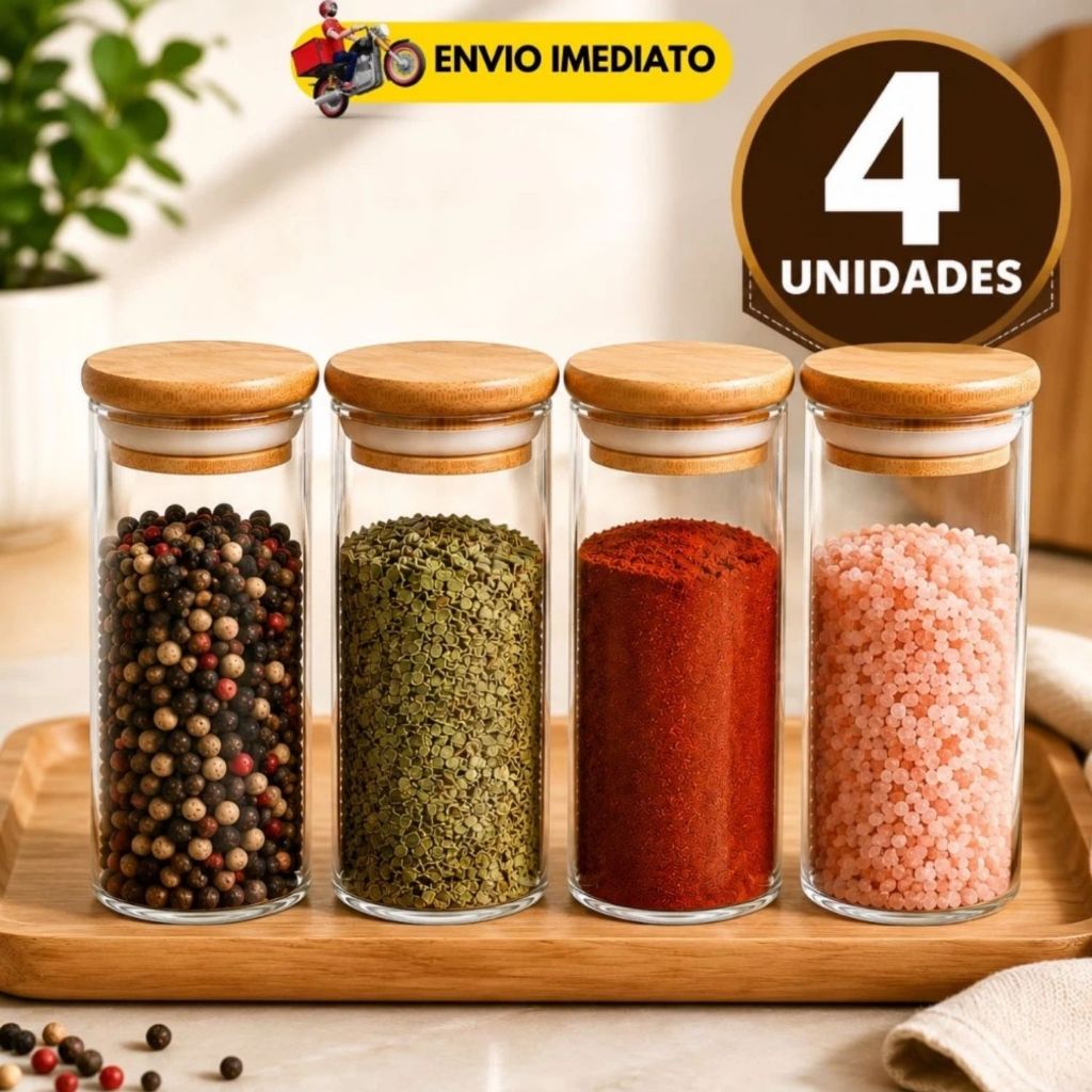 Kit Pote Redondo De Vidro Com Tampa De Bambu 4 Uni 100ml