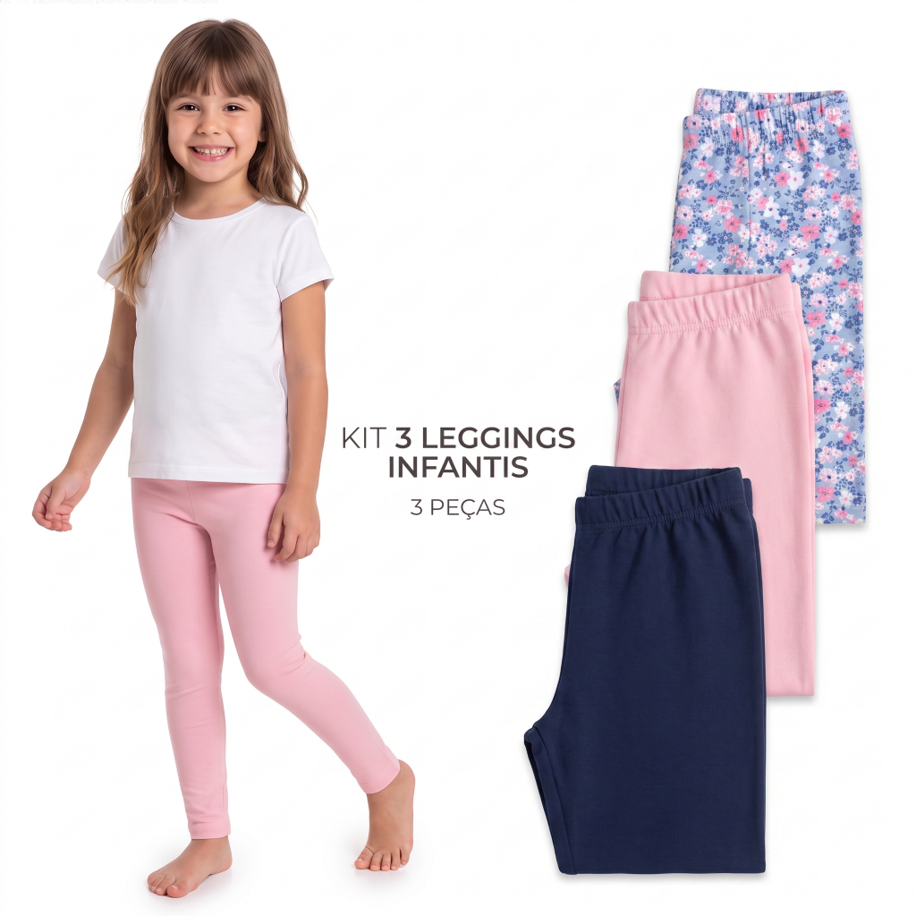 Kit 3 Leggings Infantil Menina Calça Legging Cotton Algodão Básica Estampadas Lisas Sortidas