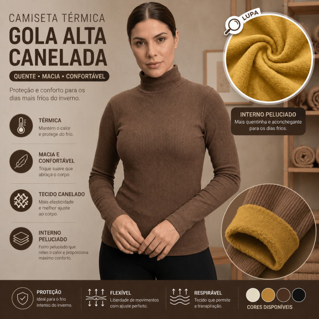 Blusa Térmica Feminina Manga Longa Gola Alta Flanelada Segunda Pele Inverno dia dia