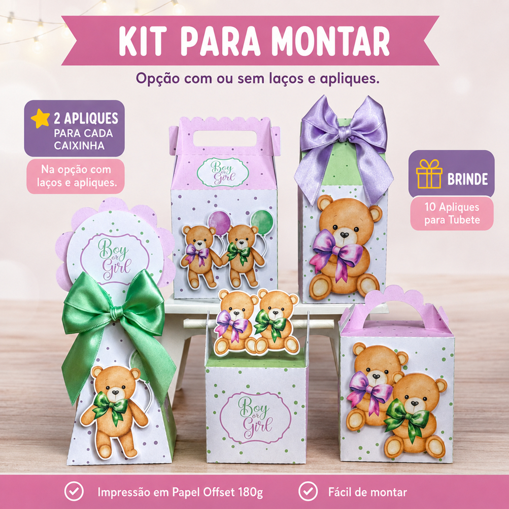 Kit Caixinhas Personalizadas Chá Revelação Lilás e Verde – Para Montar- Lembrancinhas / Festa Infantil
