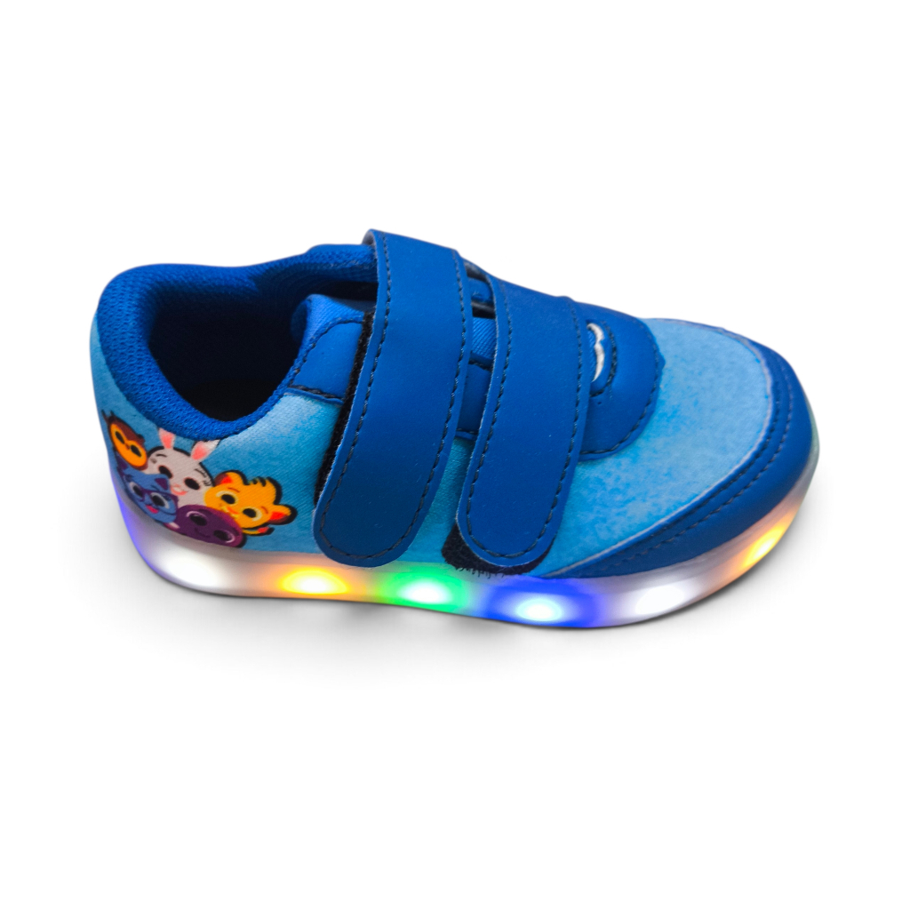 Tênis Infantil Menino LED Luzinha Bolofofo Com Velcro Desenho Azul Confortável