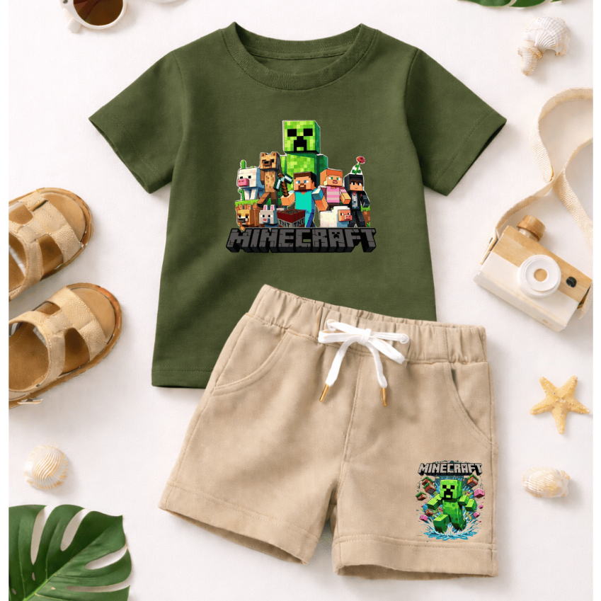 Conjunto Infantil, Menino - Turma Minecraft, Camiseta 100% Algodão e Short Moletinho - Alta Qualidade e Estampa Creeper