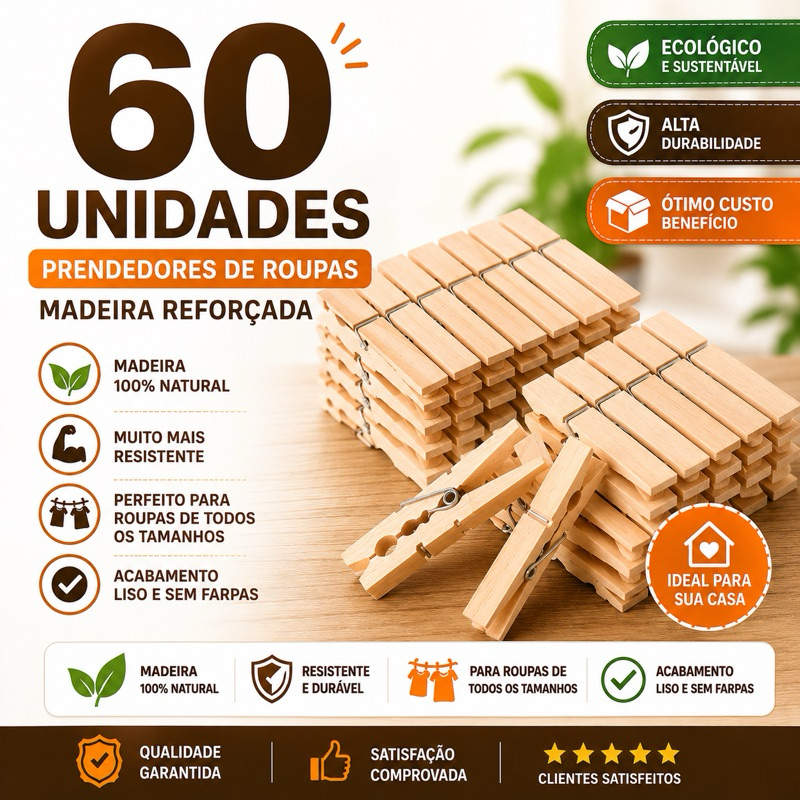 Kit 12 a 60 unidades Prendedor Pregador de Roupas Madeira Reforçado – Varal