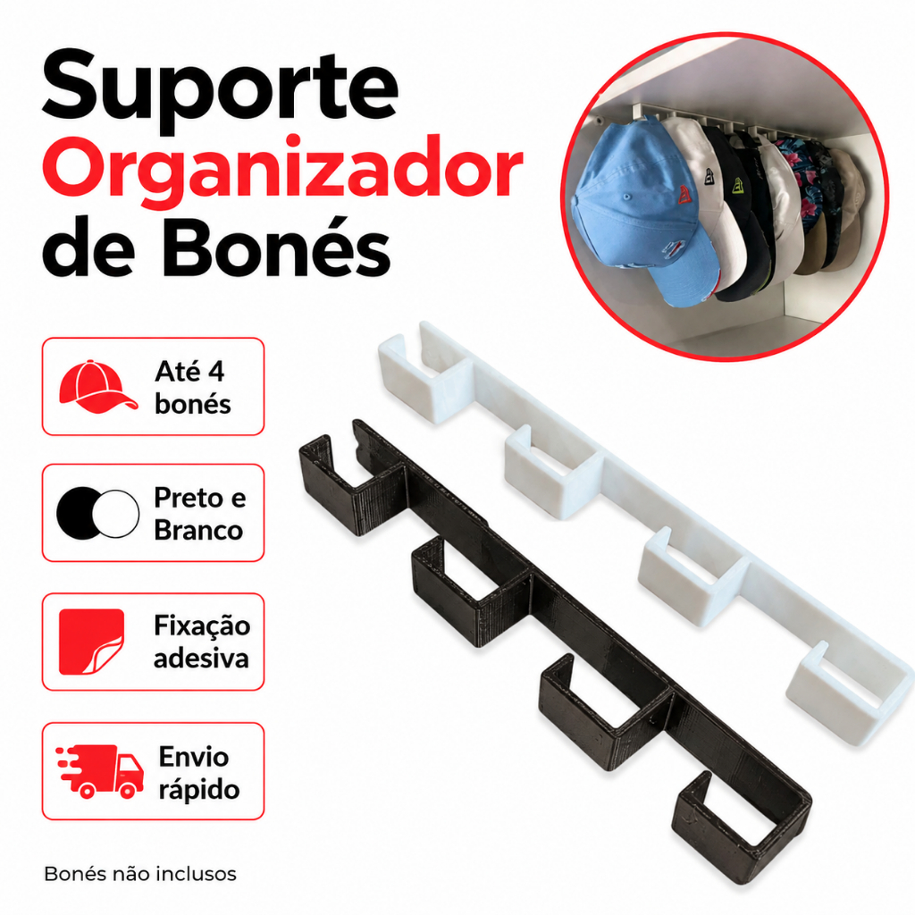 Suporte Organizador de Bonés para Parede Até 4 Bonés Adesivo Sem Furos Preto ou Branco