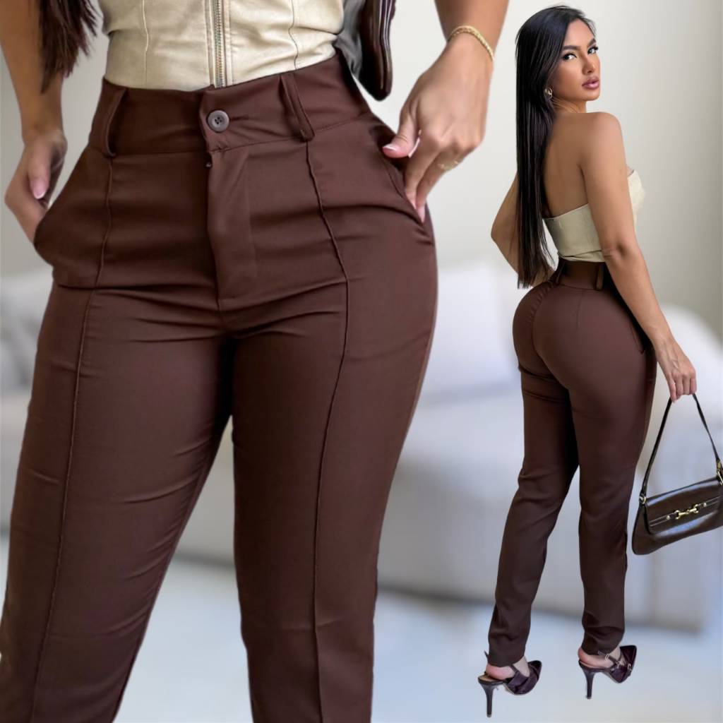 Calça Social Alfaiataria Reta Skinny Feminina Elegante Com Bolsos e Zíper