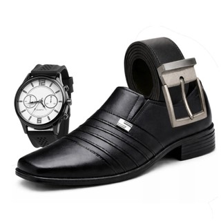 Kit Sapato Social Masculino Elegante Preto Couro Sintético Especial Nobre + Relógio + Cinto