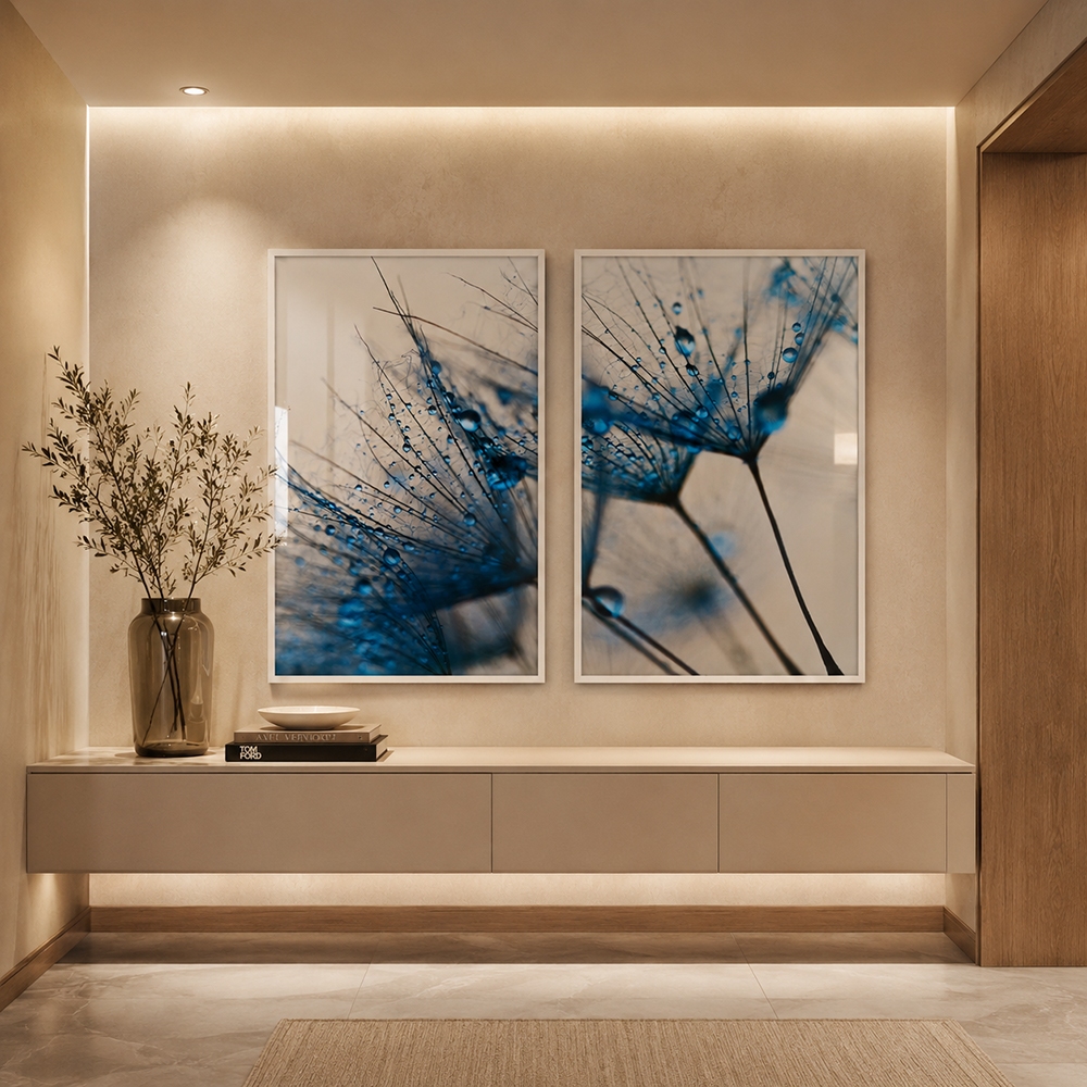 2 Quadros Decorativos Paisagem Dente de Leão Gotas de Orvalho Azul Moldura Quarto Sala Escritorio