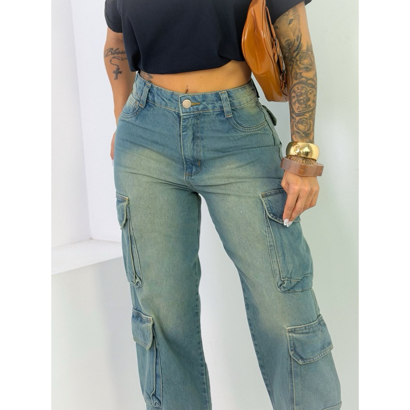 Calça Jeans Cargo Feminina Confortável Casual Versátil Tendência Elegante Moderna Festas Blogueira