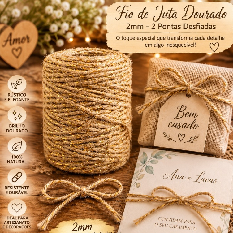 Fio de Juta com Lurex Dourado 2mm – 2 Cabos – Ideal para Casamentos, Artesanato e Decoração