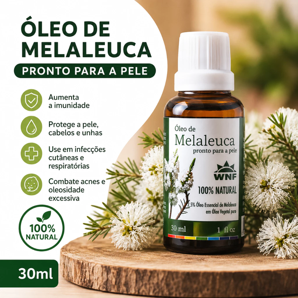 Óleo Essencial de Melaleuca Pronto para Uso - 100% Natural e Vegano, Antisséptico e Antifúngico 30ml