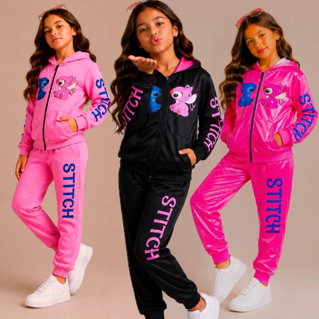 Conjunto Infantil Menina Stitch Estiloso Com Capuz e Zíper Chimpa Flanelada Estilo Blogueirinha 2 ao14 Anos