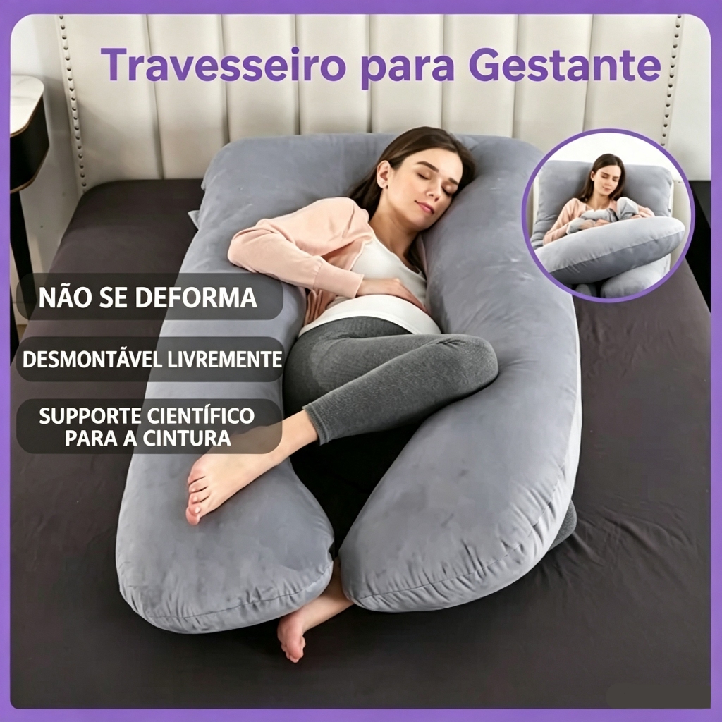 Travesseiro Gestante em Formato U LarBom 130x70cm Almofada Corpo Inteiro Alívio de Dores Lombares para Grávidas