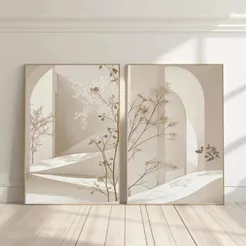 Kit 2 Quadros Decorativos Abstratos Botânicos Bege Minimalista com Moldura para Sala Quarto Hall