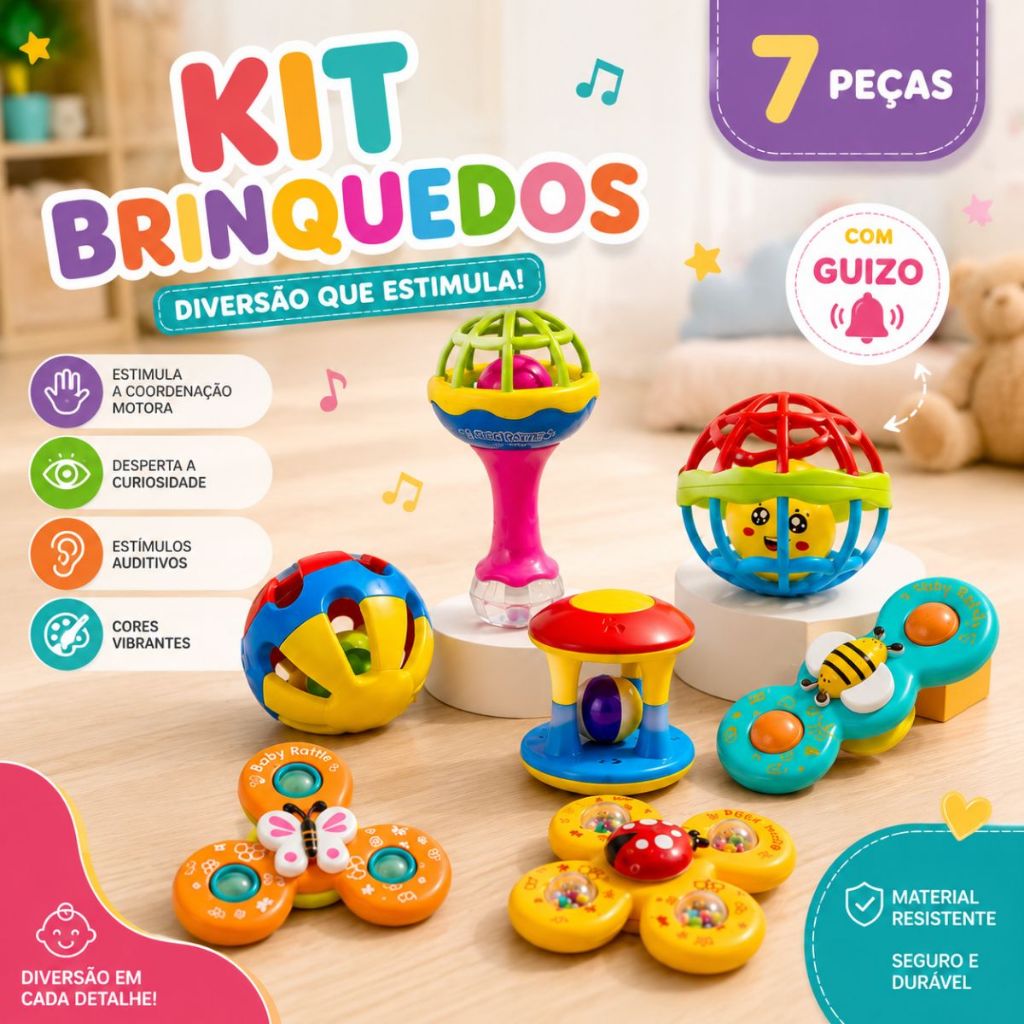 Kit Brinquedo Sensorial Infantil 7 Peças Maraca Guizo Torre Bola Colorida Spinner Educativo Coordenação Motora