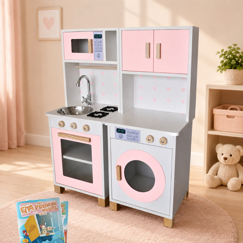 Mini Cozinha Infantil Máquina de Lavar Madeira Brinquedo Pedagógico Faz de Conta Chef Mon…
