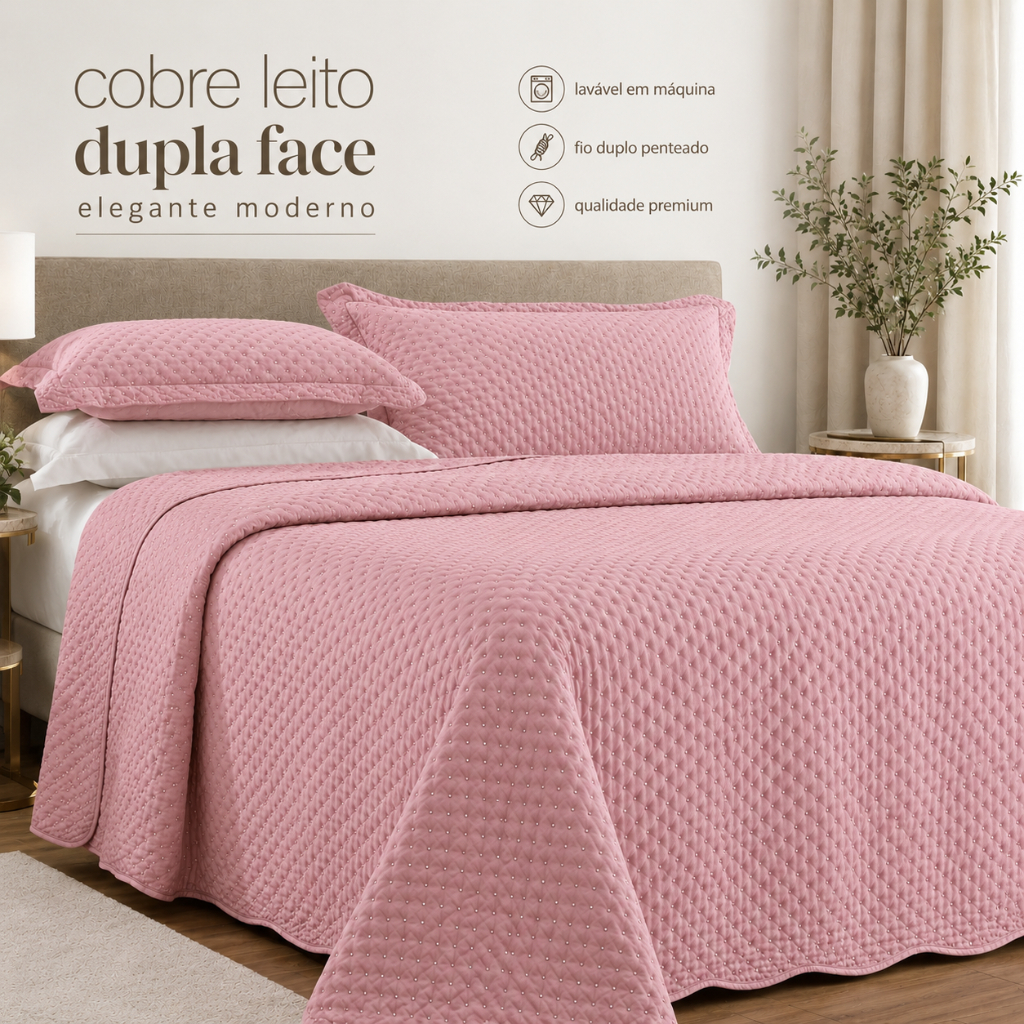 Kit Cobre Leito Colcha Premium Bordado Dupla Face com Porta-Travesseiro Solteiro Casal Queen Matelado