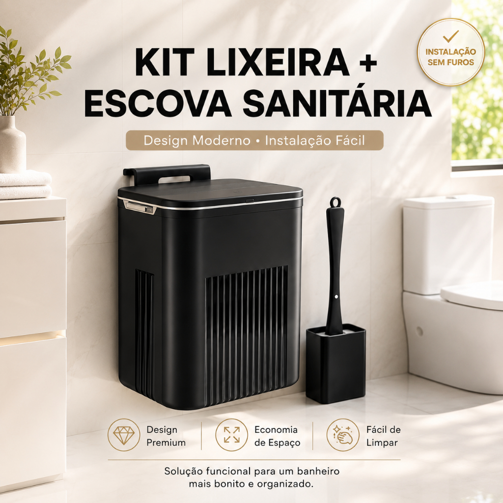 Kit Lixeira Suspensa Preta com Escova Sanitária quadrada Silicone para Banheiro e Cozinha resistente