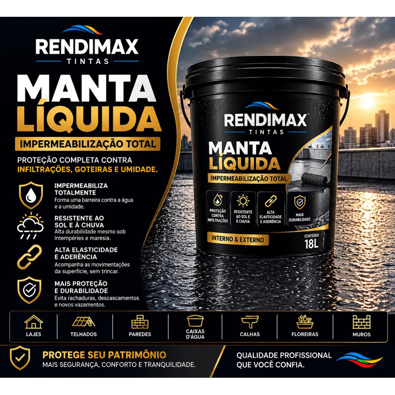 Manta Liquida Emborrachada 18KG e 4KG Rendimax - Hidrorepelente Antimofo Protege Contra Infiltrações — imagem 1