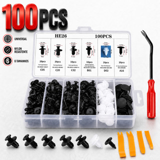 Kit 100 Peças Presilhas E Grampos Automotivos Universais - Para Parachoque E Painel Com Espátulas E Estojo