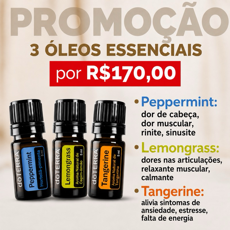 KIT Apresent. Lavanda,Peppermint,Lemon de 5ml -KIT 149,00 Lemon,Lemongras e Tangerina 5ml-Kit 170,00 Pepper+Lemongr+Tang