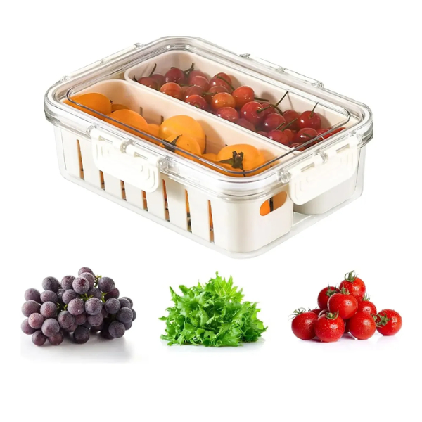 Organizador de Geladeira Hermético Transparente com 2 Divisórias Cestos Removíveis Empilhável BPA Free