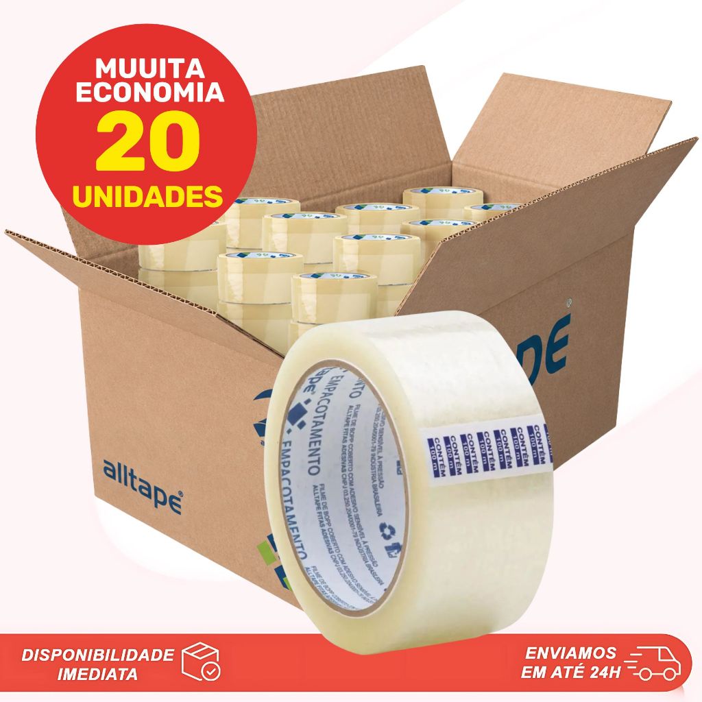 Caixa 20 Fitas Adesivas Transparente Larga Para Empacotamento p/ Mudança 800 metros Alltape