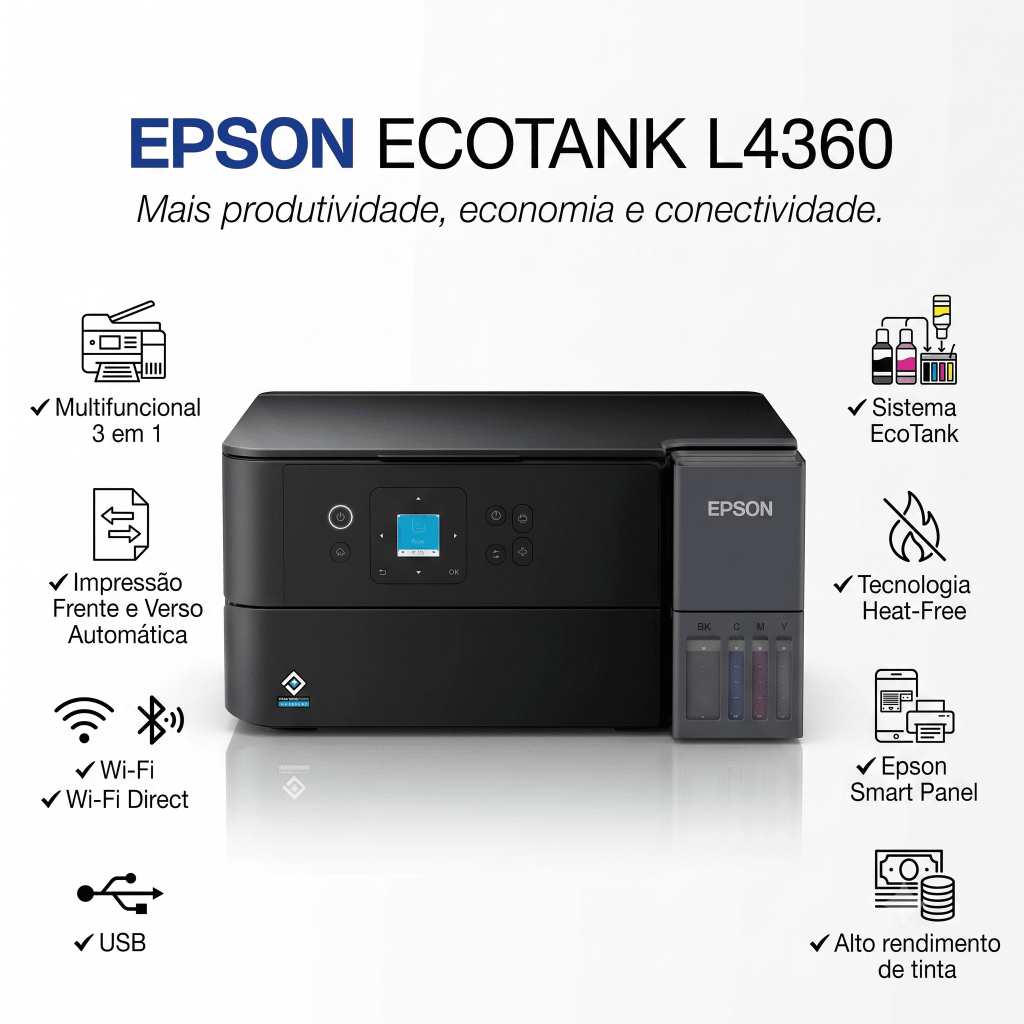 Impressora Multifuncional Epson EcoTank L4360 Wi-Fi Duplex Automático Tanque de Tinta Frente e Verso Bivolt
