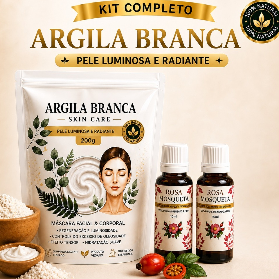 Kit Argila Branca + Oleo de Rosa mosqueta 100% Puro Skin Care máscara facial completa