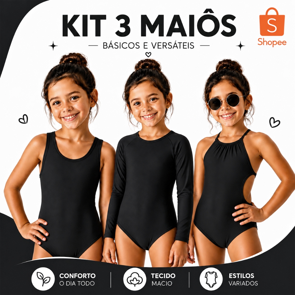 kit Maiô Biquíni Infantil Juvenil Menina Feminino Traje de Banho Praia Piscina Suplex Premium Liso Proteção UV50+