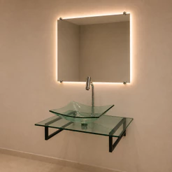 Gabinete de Vidro com Espelho LED para Banheiro e Lavabo, Cuba de Vidro, Tampo 40x40 50x40 60x40 cm, PPR Cores