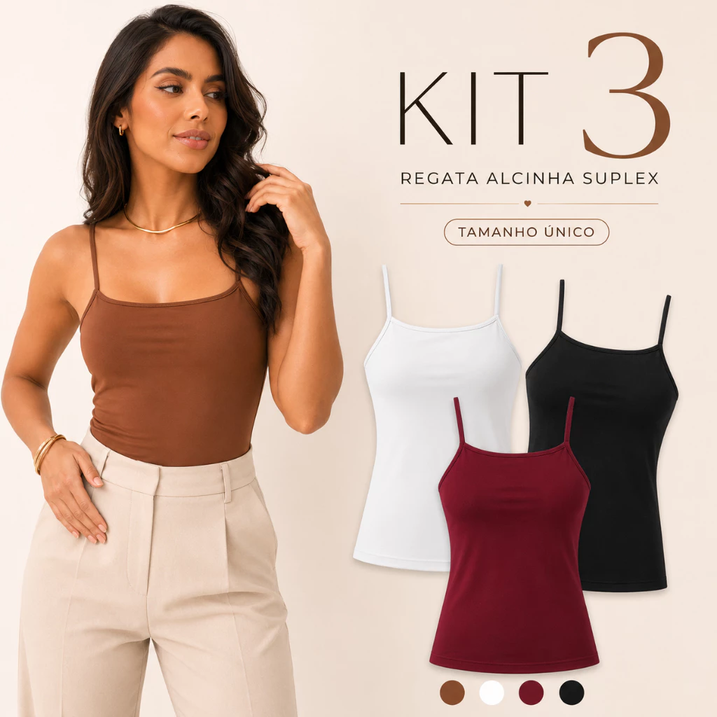 Kit 3 Blusa Regata Feminina Suplex Básica Alça Fina Lisa Forro Duplo Busto Blusinha — imagem 1
