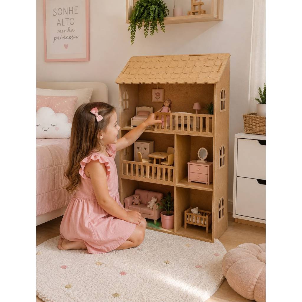 Casa De Boneca Grande Com Kit De Móveis Rosa 50cm Para Crianças Brinquedo Educativo