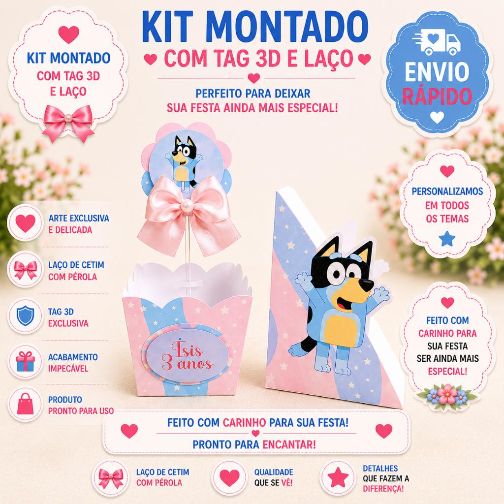 KIT CENTRO DE MESA BLUEY, CACHEPÔ, GUARDANAPO, CAIXAS PERSONALIZADAS,LEMBRANCINHAS, 3D E LAÇO