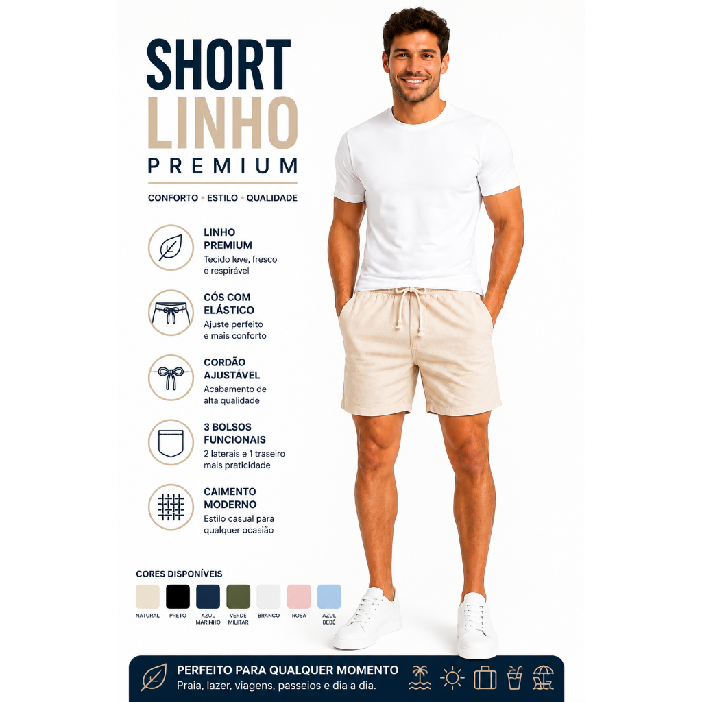 Short Linho Masculino Bermuda Casual Mauricinho Premium Leve Slim Praia