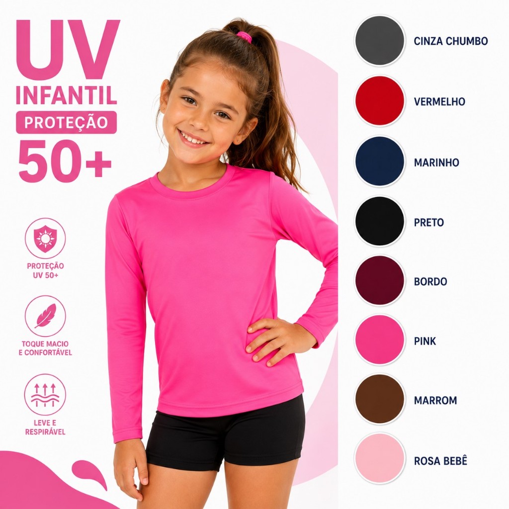 Camiseta UV Infantil Proteção 50+ Manga Longa Praia Piscina Menina Menino Conforto Secagem Rápida UV
