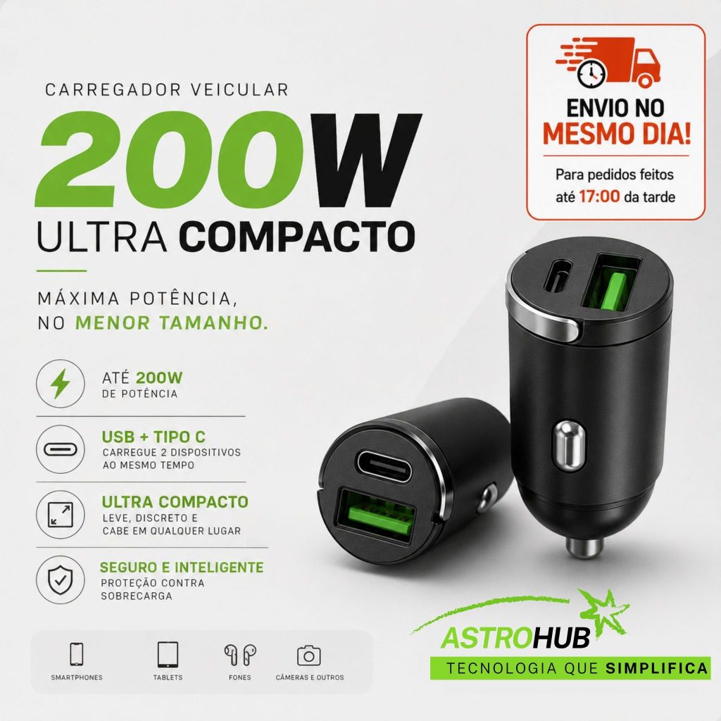 Carregador Veicular para carro Turbo USB 100W + Tipo C 100W Carregamento Rápido Dual Porta 12V 24V