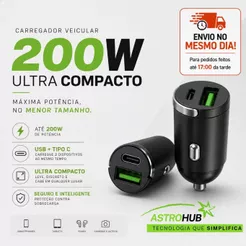 Mini Carregador Veicular Turbo Automotivo USB + Tipo C ou USB + USB Carregamento Rápido Dual Porta 12V 24V