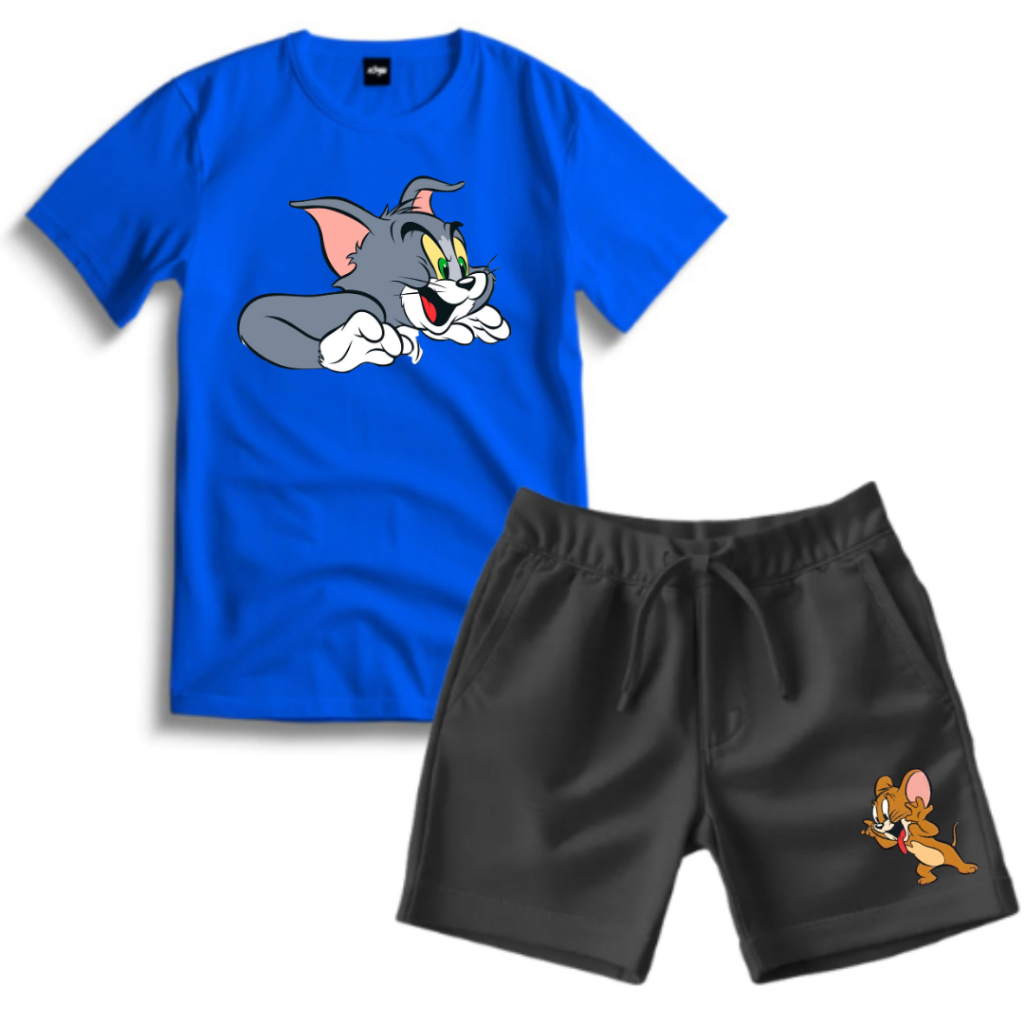 Conjunto Infantil Camiseta e Short Moletinho Masculino Roupa Infantil Confortável Estampa Gato e Ratinho Casual Verão